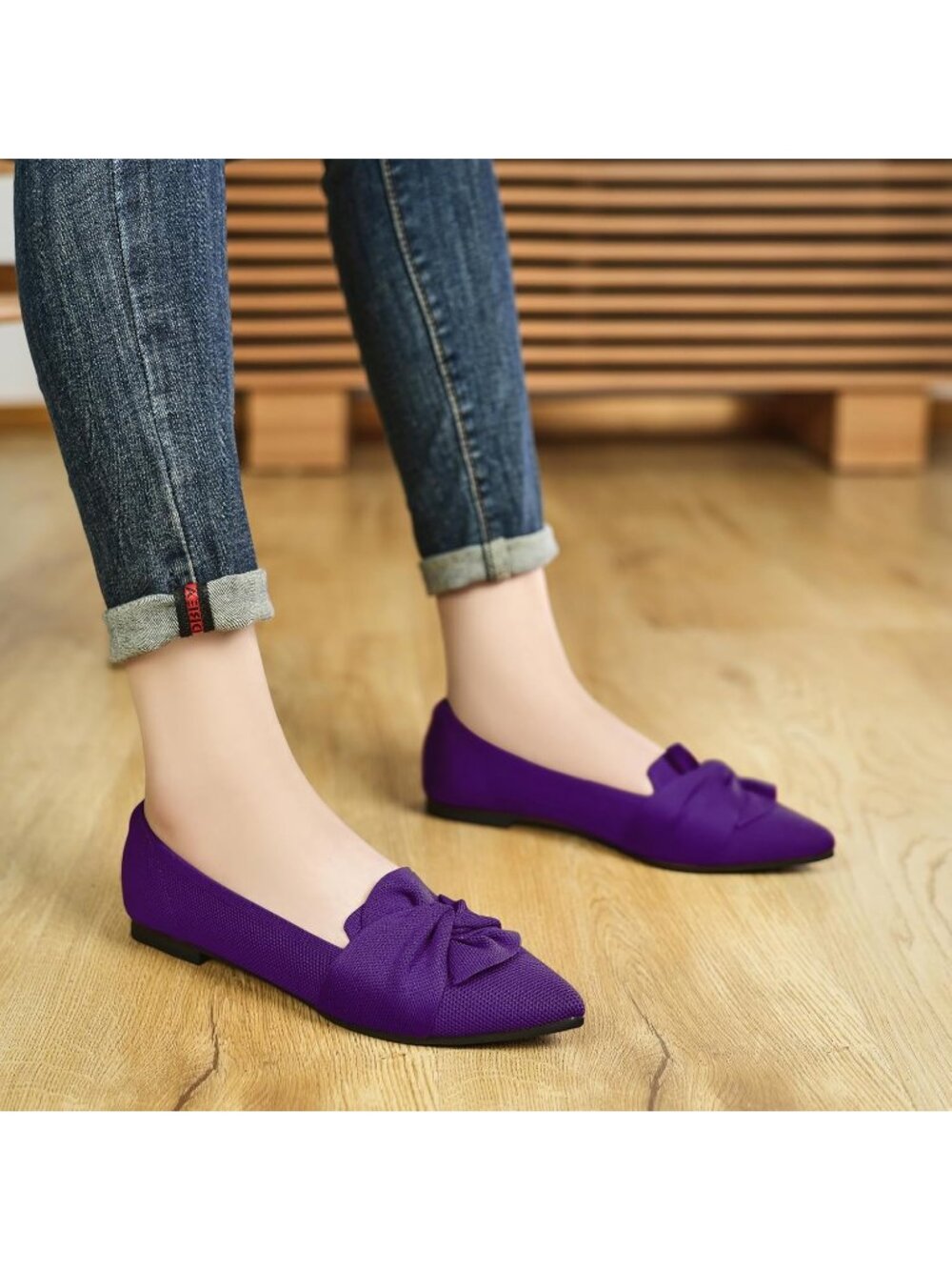 Women's Purple Pointed Toe Ballet With Bow Comfortable Knit Dressy Flats Shoes - Picture 2 of 7